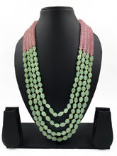 Unisex Multi Layered Semi Precious Mint Green And Pink Jade Long Beaded Necklace - Gemstone Beads Jewelry